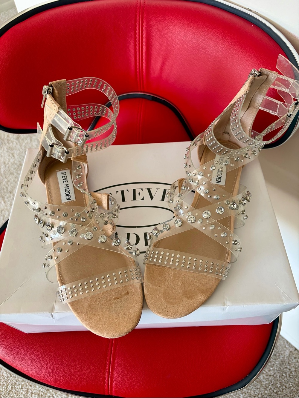Steve Madden Clear Studded Strappy Gladiator Sandal - Silver Accents - Picture 7 of 10